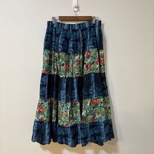 Boho Tiered Patchwork Floral Cotton Lined Midi Skirt Prairie Cottagecore L